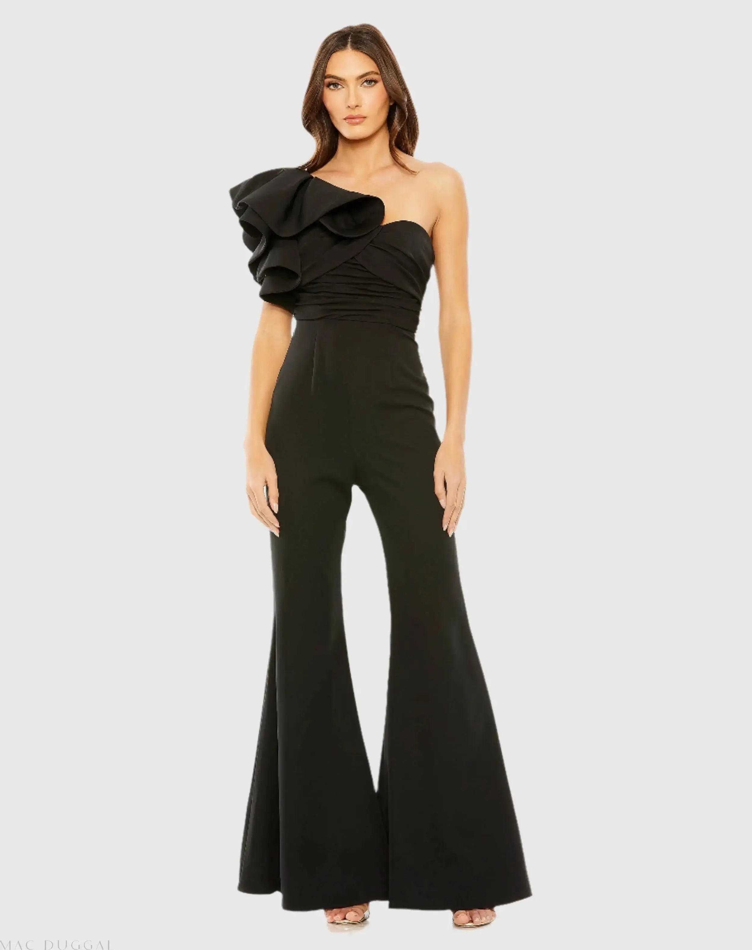Black One Shoulder Ruffle Detail Flare Pant Jumpsuit - Mac Duggal
