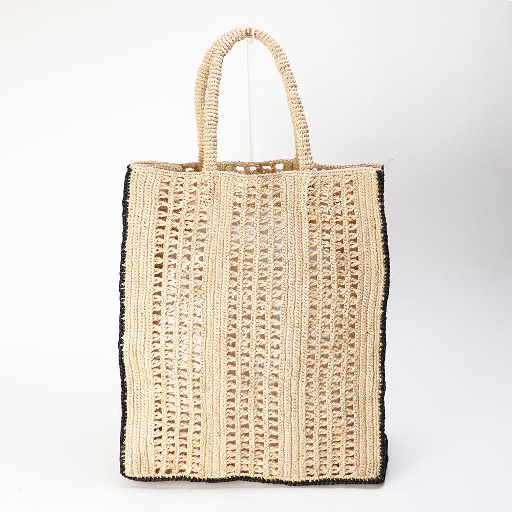 ラフィアかぎ編みバッグ 透かしストライプ四角 NAT黒 | マンゴロベ