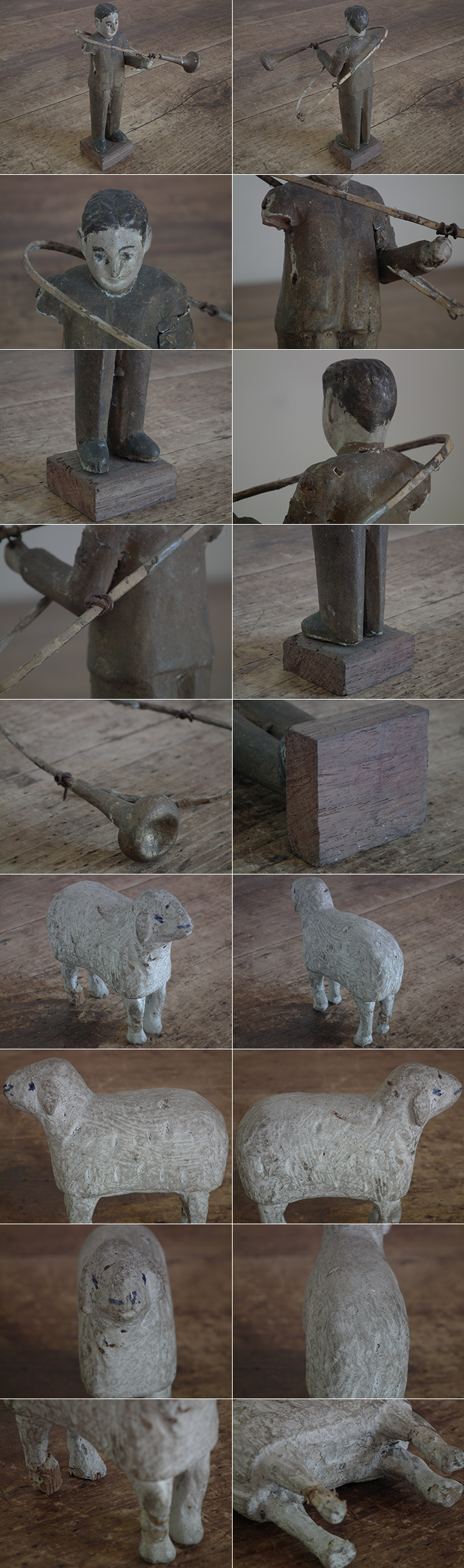 G02186 アンティーク 古い木彫りの羊とラッパを持つ羊飼い | MANSIKKA