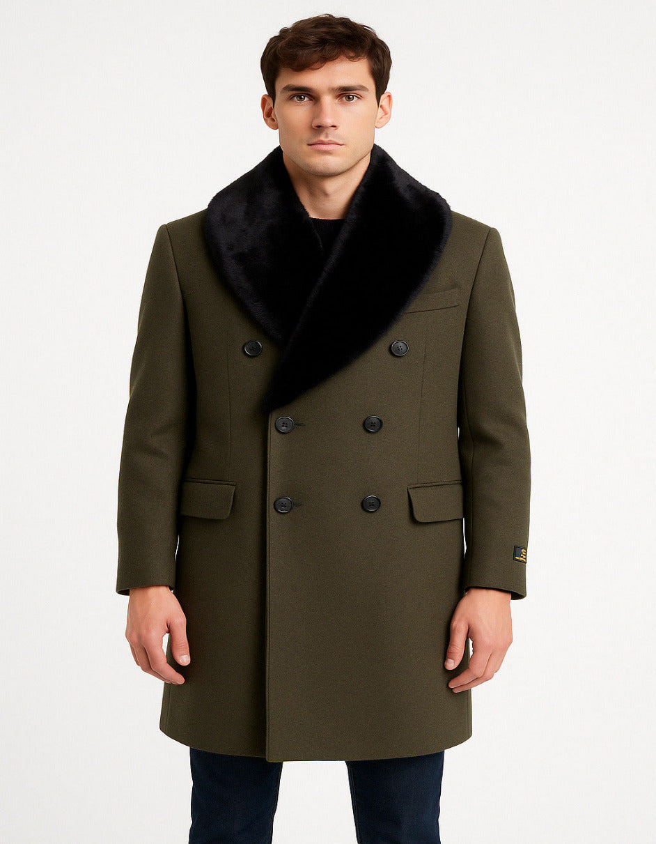 Coat Mens Olive Green Wool Overcoat with Black Faux Fur Shawl