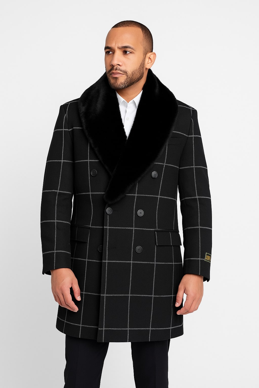 Coat Mens Black Windowpane Wool Overcoat with Faux Fur Shawl
