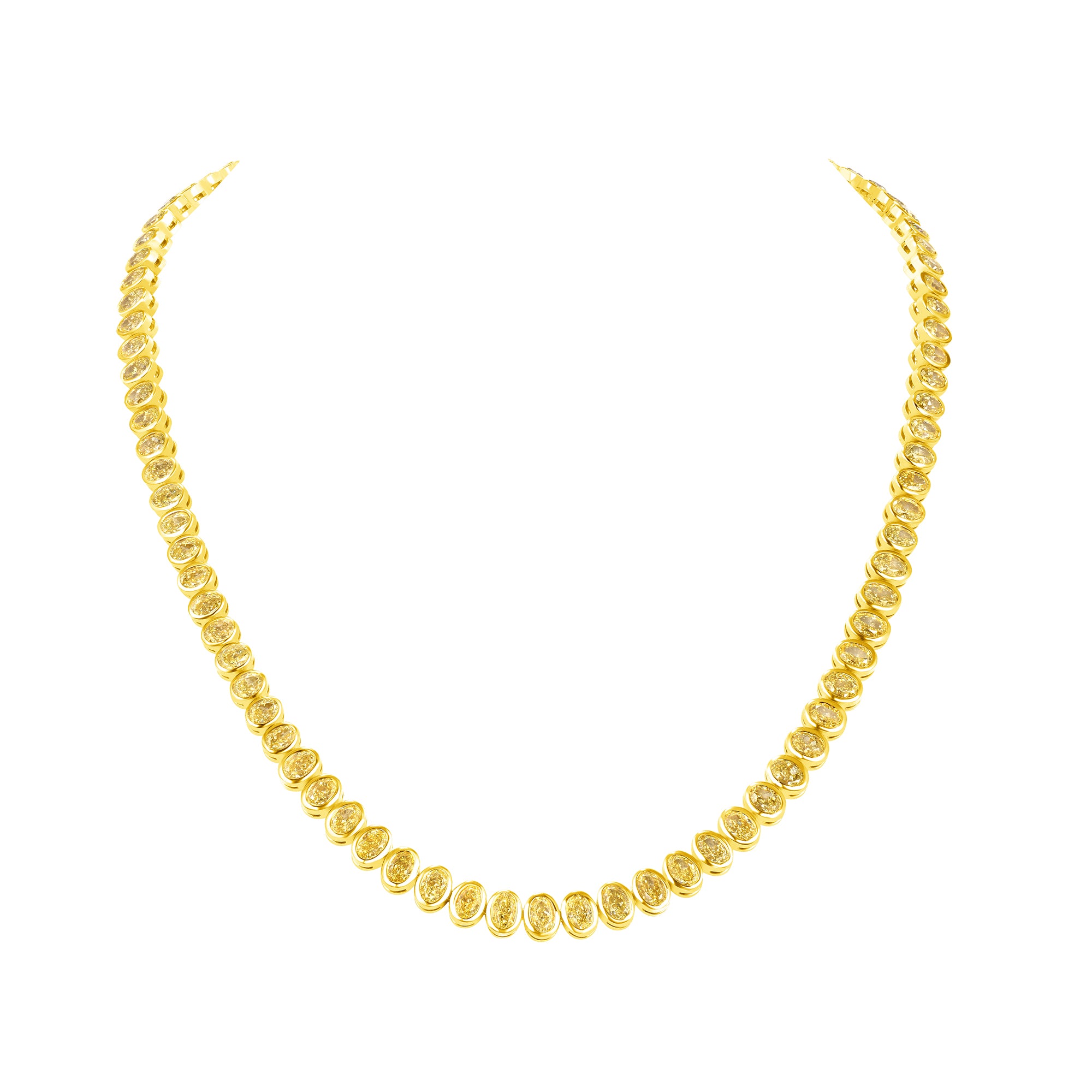 Oval Cut Bezel Set Yellow Diamond Tennis Necklace Set in 18 Karat Yell