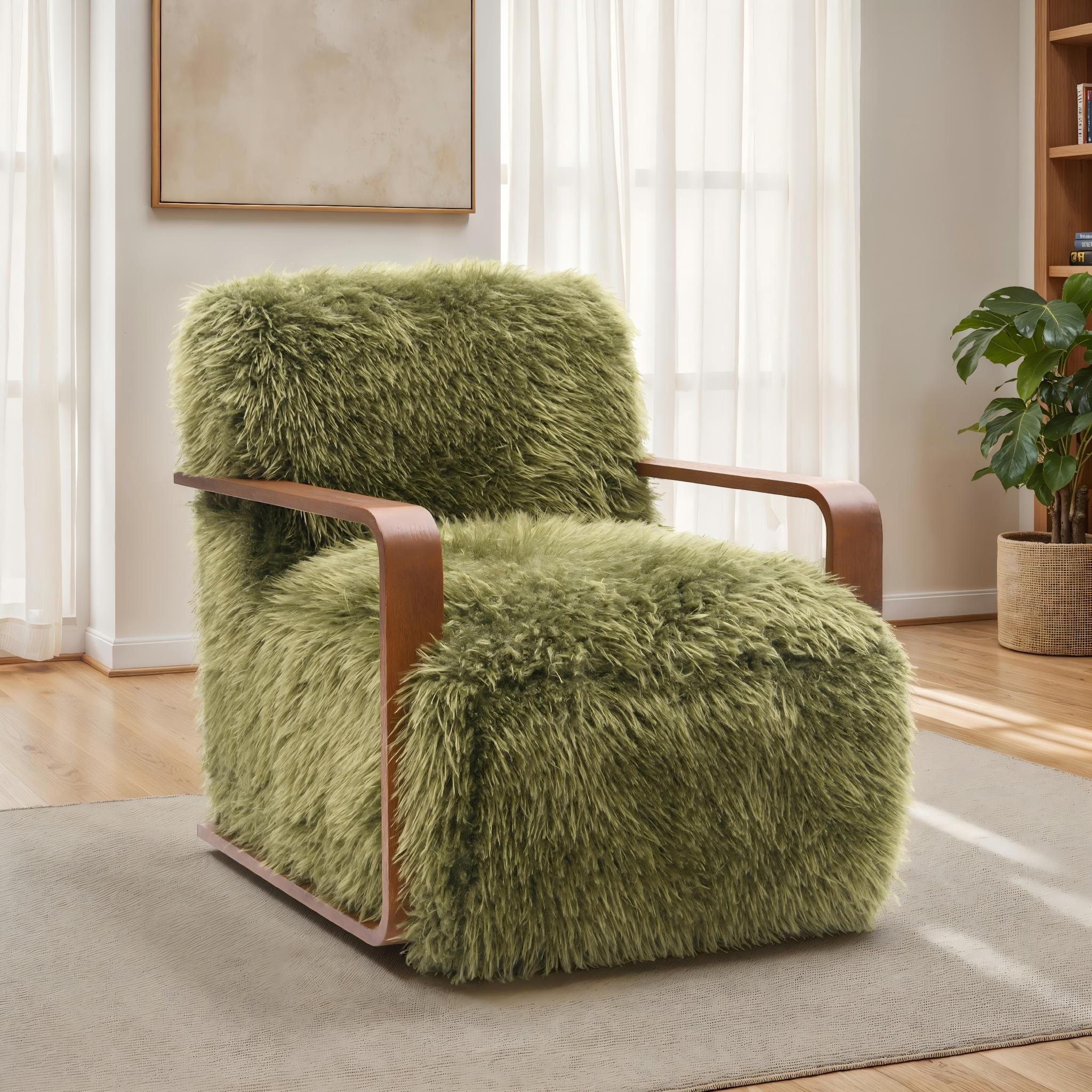 Ultra Soft Faux Fur Accent Chair – Retro Curves, Dark Walnut Wood