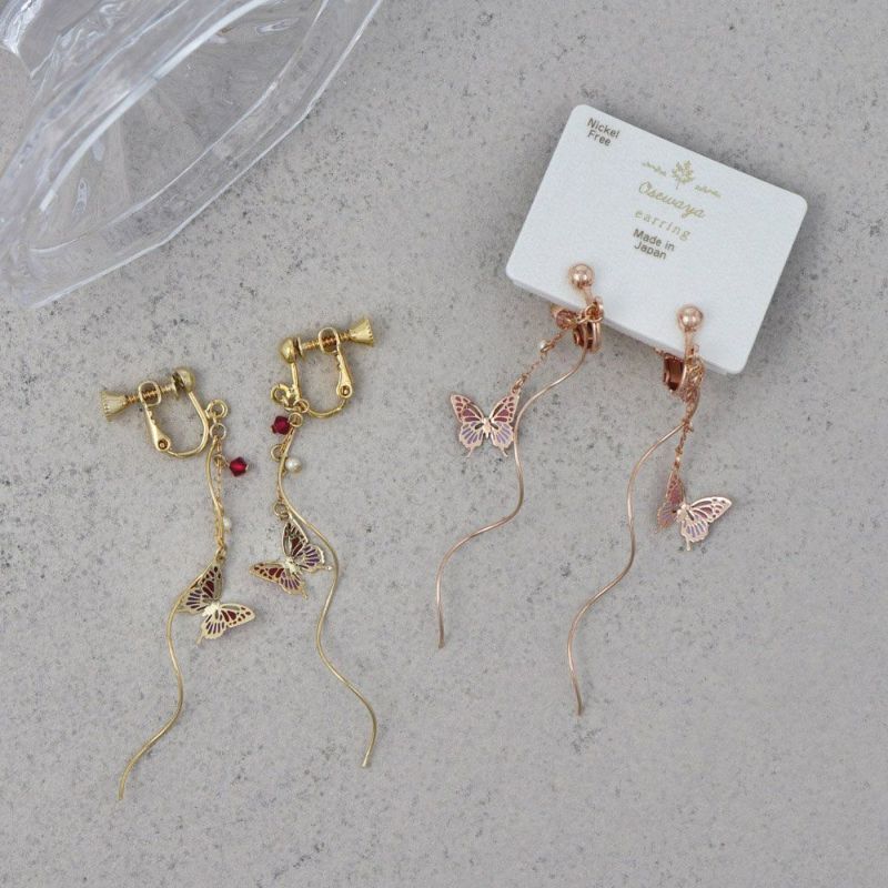 イヤリング ニッケルフリー 蝶 バタフライ パール ストーン ウェーブ