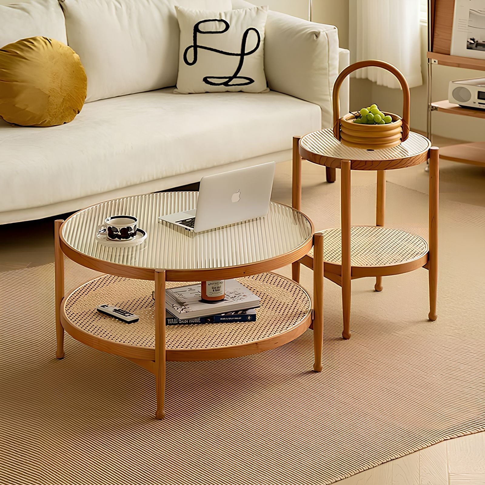 ローテーブル ガラス テーブル 木製 センターテーブル 円形 直径80cm