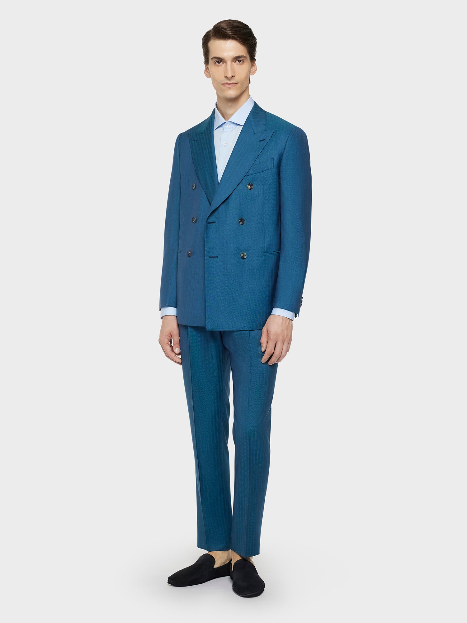 Caruso - Norma double-breasted suit in ottanio blue wool and silk