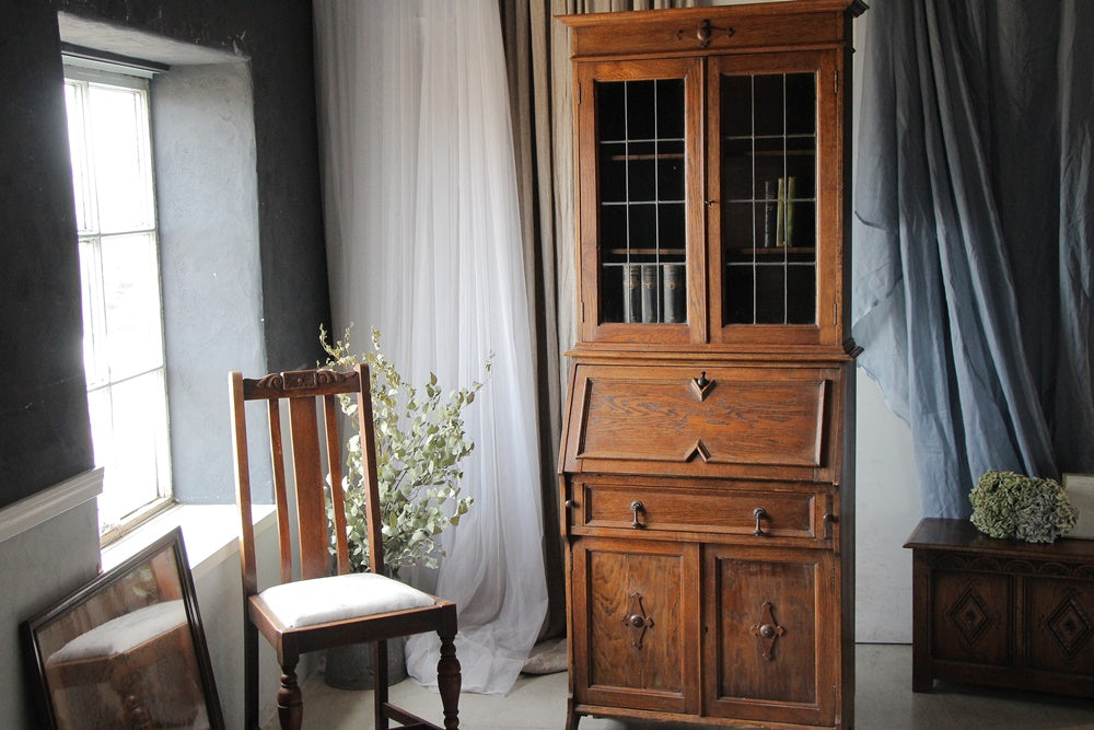 1920年代オーク材ブックケース付きライティングビューロー イギリス