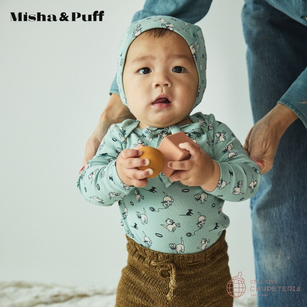 Misha & Puff】Baby Long Sleeve Lap Onesie - Sage Cat & Mouse (25WI