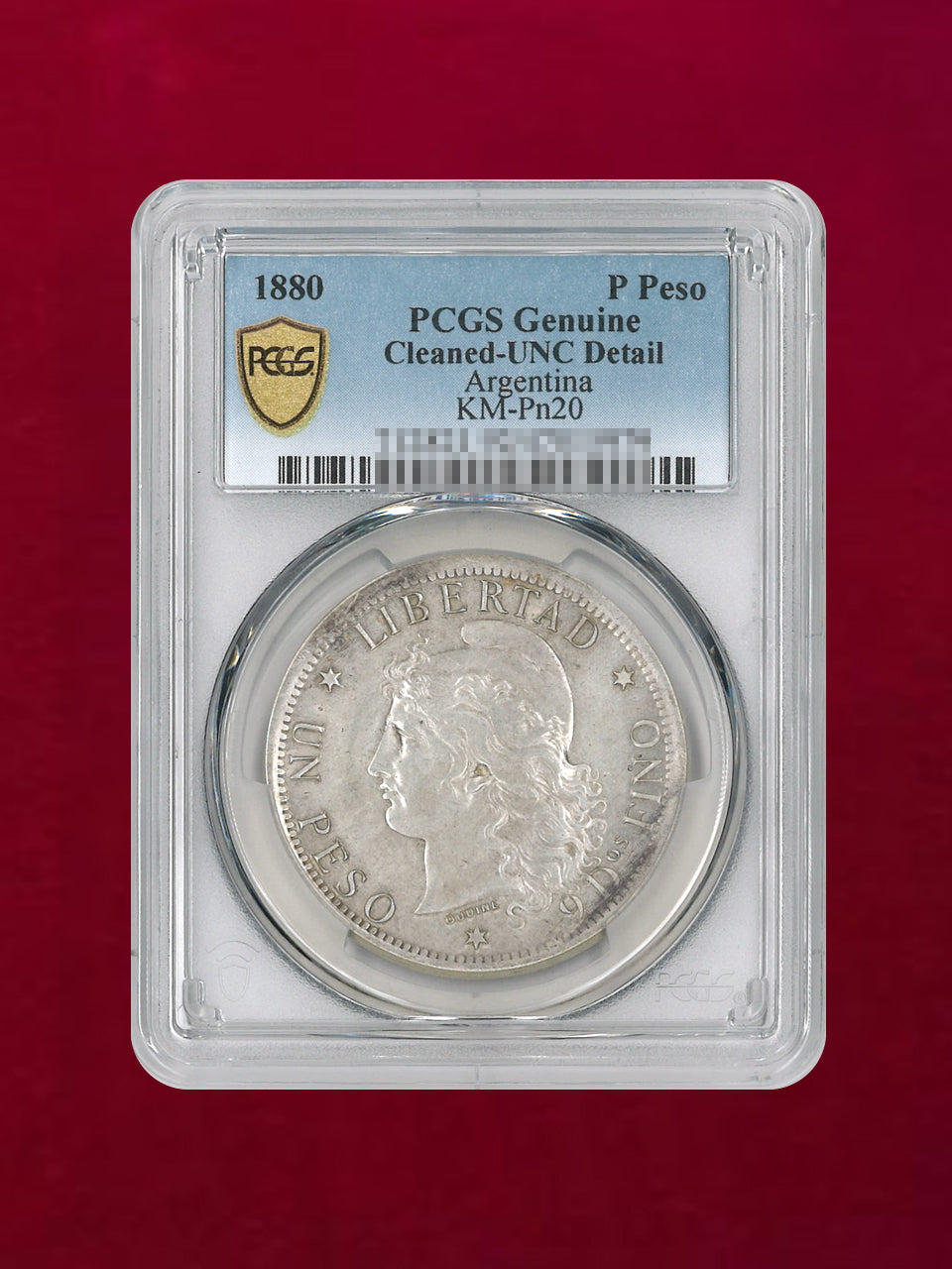 アルゼンチン】ペソ 銀貨 Pattern 1880 PCGS Genuine Cleaned-UNC