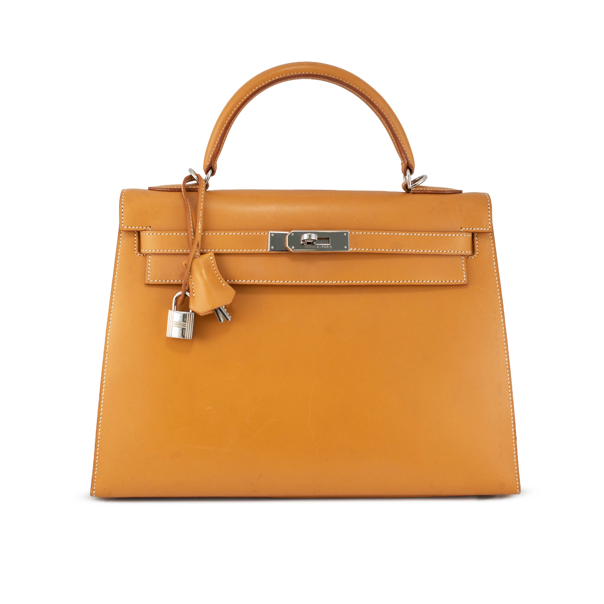 Hermès Kelly 32 Gold Box Calf Leather Palladium Hardware Top Handle Ba