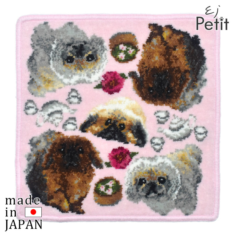 日本製 ペキニーズ シェニール織 ハンカチ EjPetit 犬柄 ペットタオル