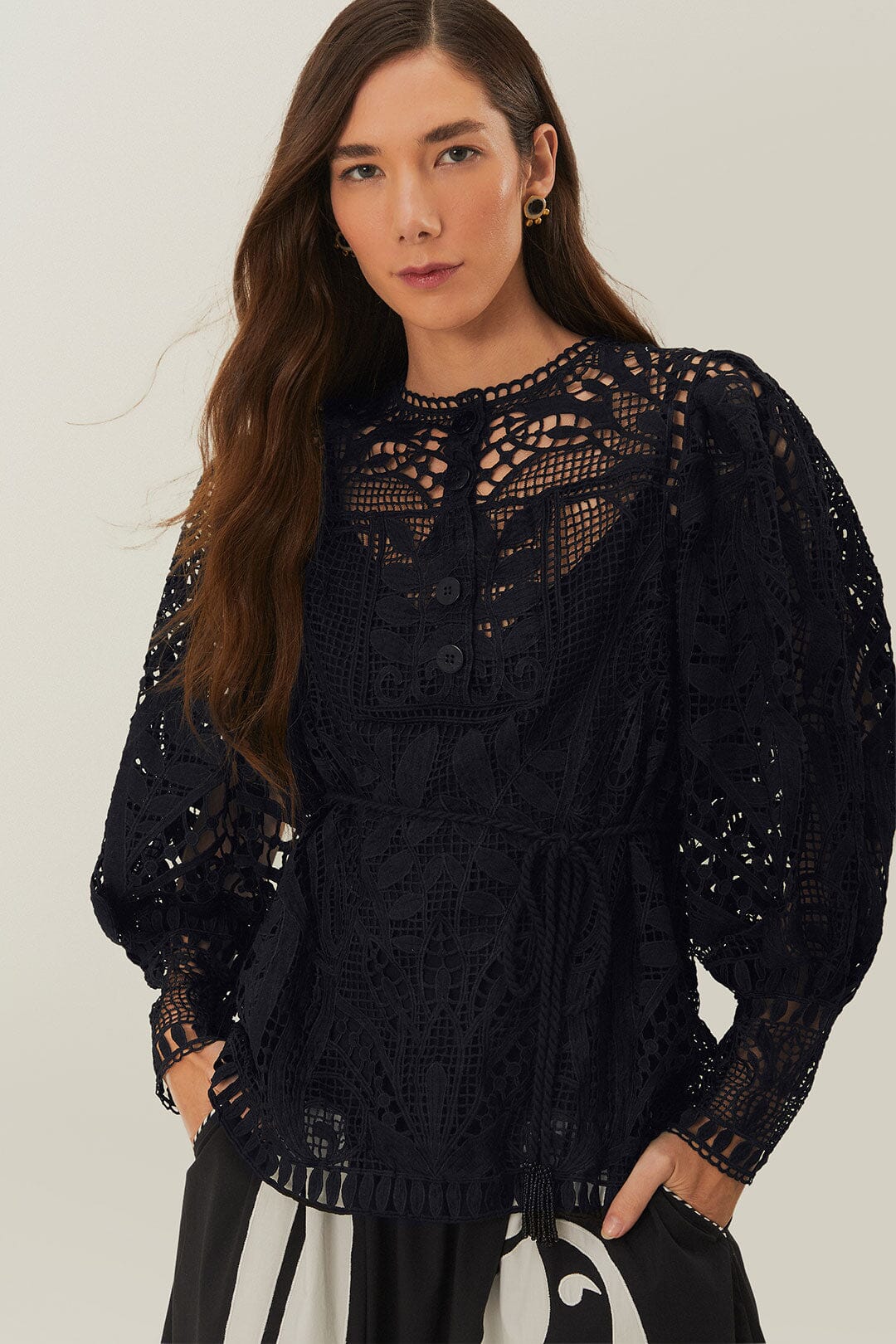 Black Guipire Puff Sleeve Blouse – FARM Rio