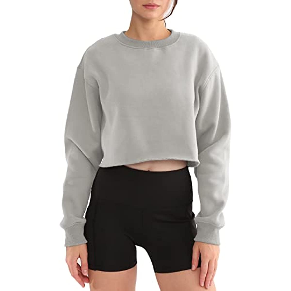 Amazhiyu Women' s Pullover Cropped Sweatshirt Crew Neck Long Sleeve F