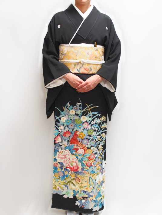 327.正絹ブルー孔雀柄黒留袖 - 呉服下村屋 レンタル着物アシスト