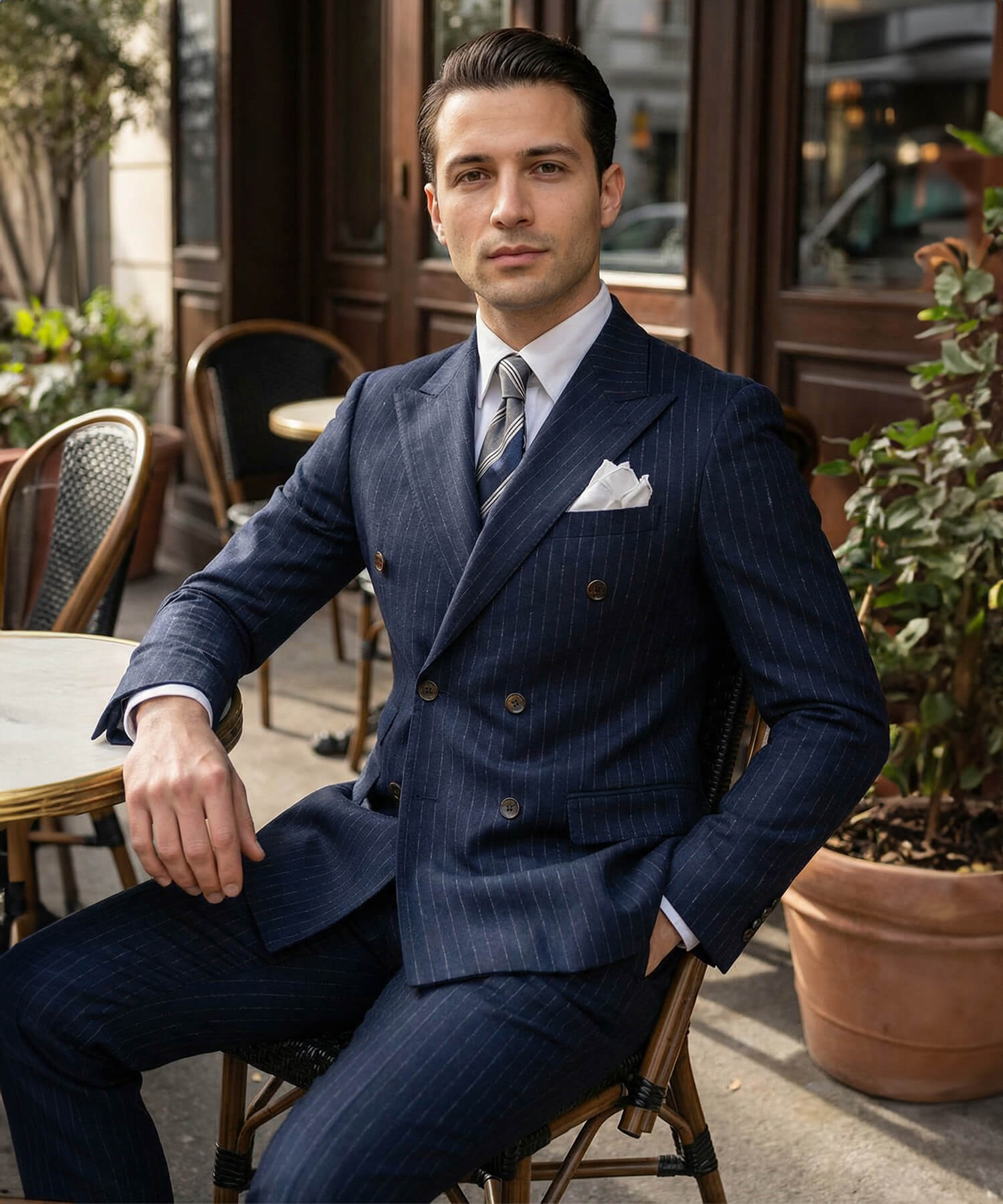 ドラマ着用】スリムフィット ダブルブレスト 6つボタン ストライプ 柄