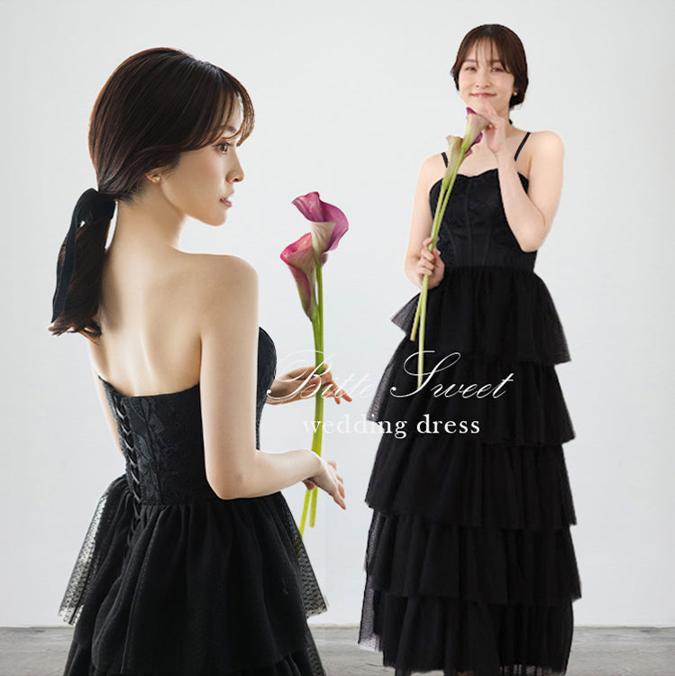 wd651vt】選べる2スタイル レースティアードスカートブラックドレス