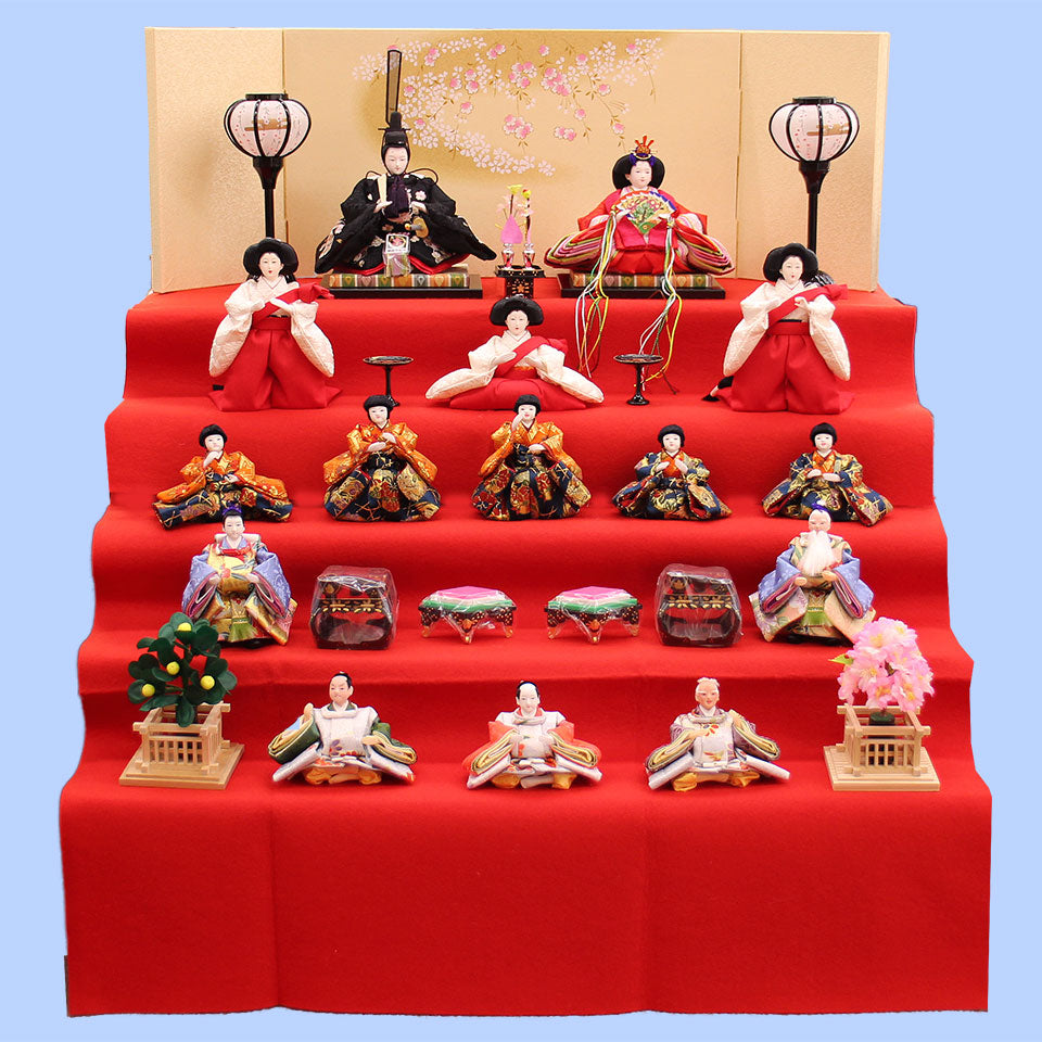 99雛人形五段飾り 小芥子刺繍親王十五人しだれ桜 – 寿鳳人形の東芸