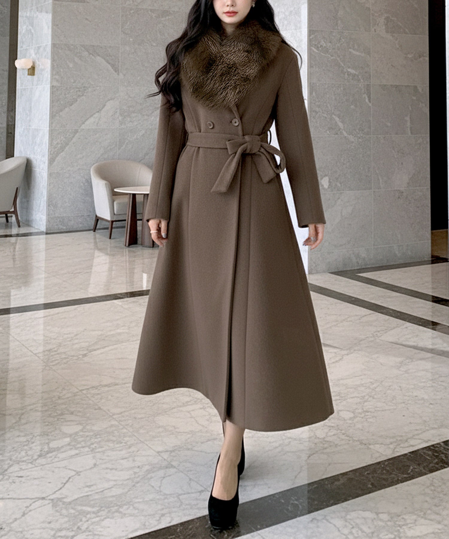 丈が選べるフェイクファーティペット付き美ラインコート JB22615