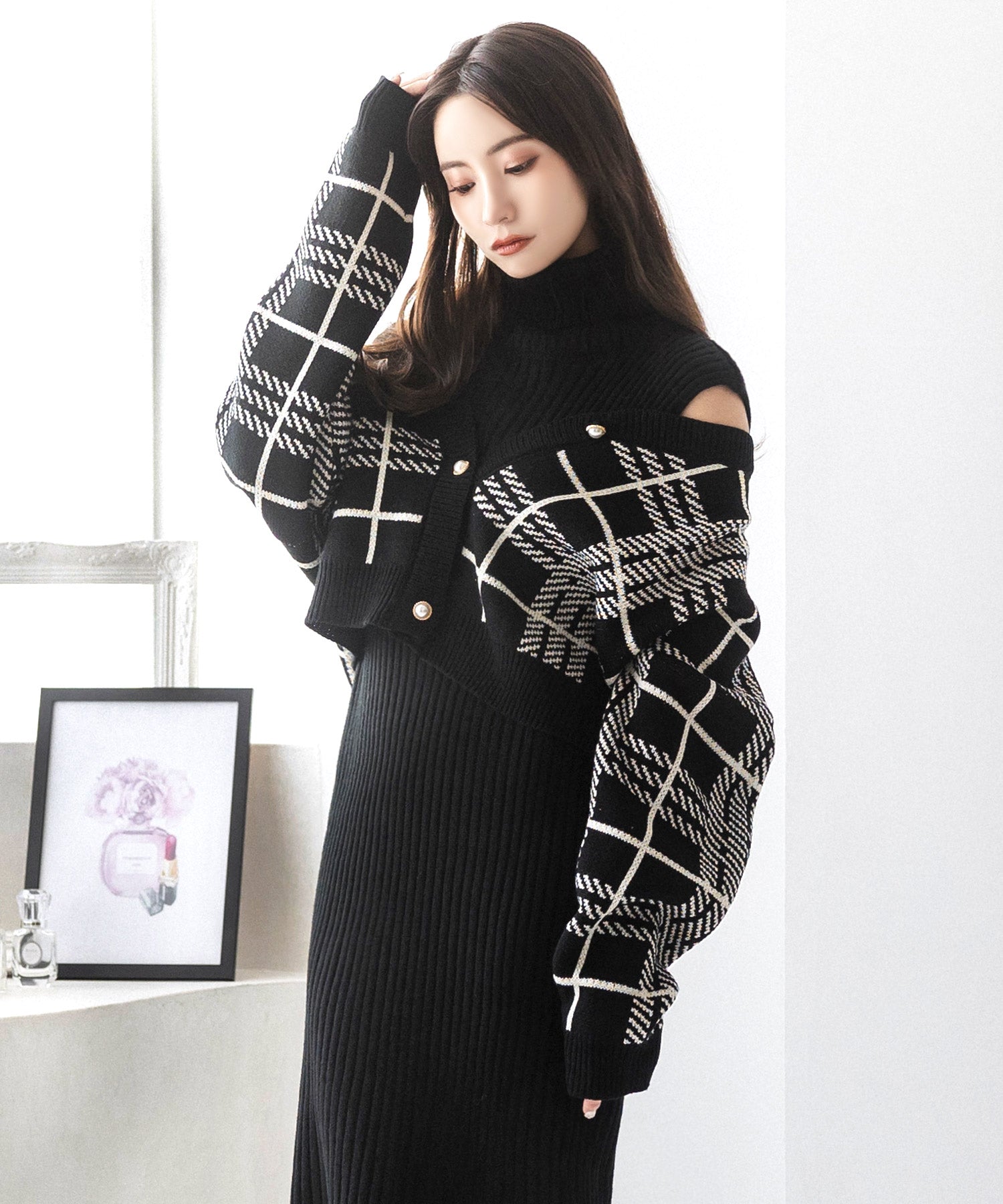 2点セット・チェック柄カーディガン×タートルネックニットワンピース
