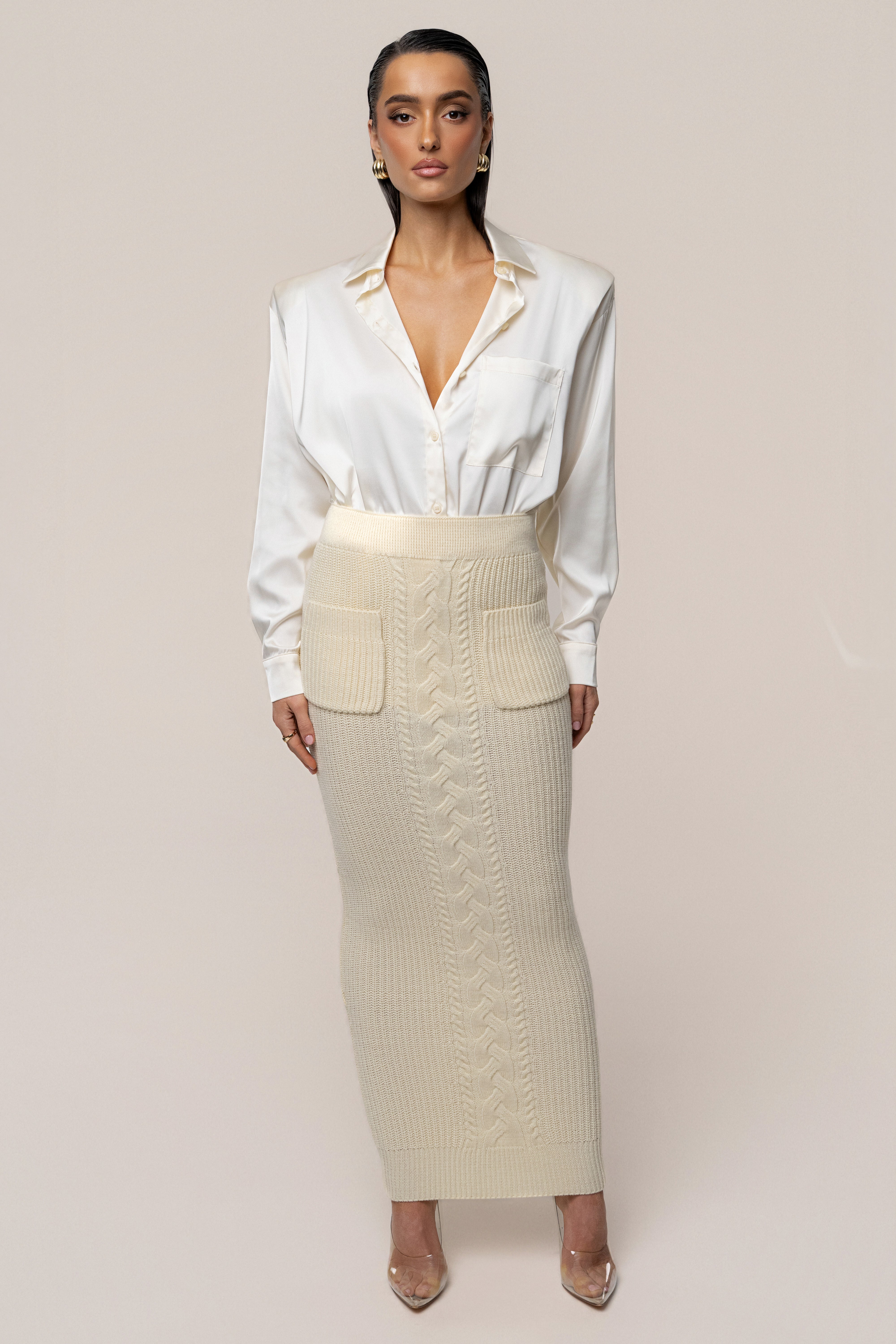 Cream Missy Cable Sweater Midi Skirt