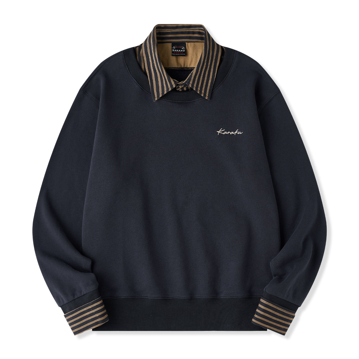 フェイクレイヤード仕様 ストライプシャツ＆刺繡入りクルーネック