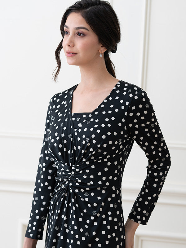 ローズドット柄ロングワンピース｜光沢裏起毛×美シルエット– kay me