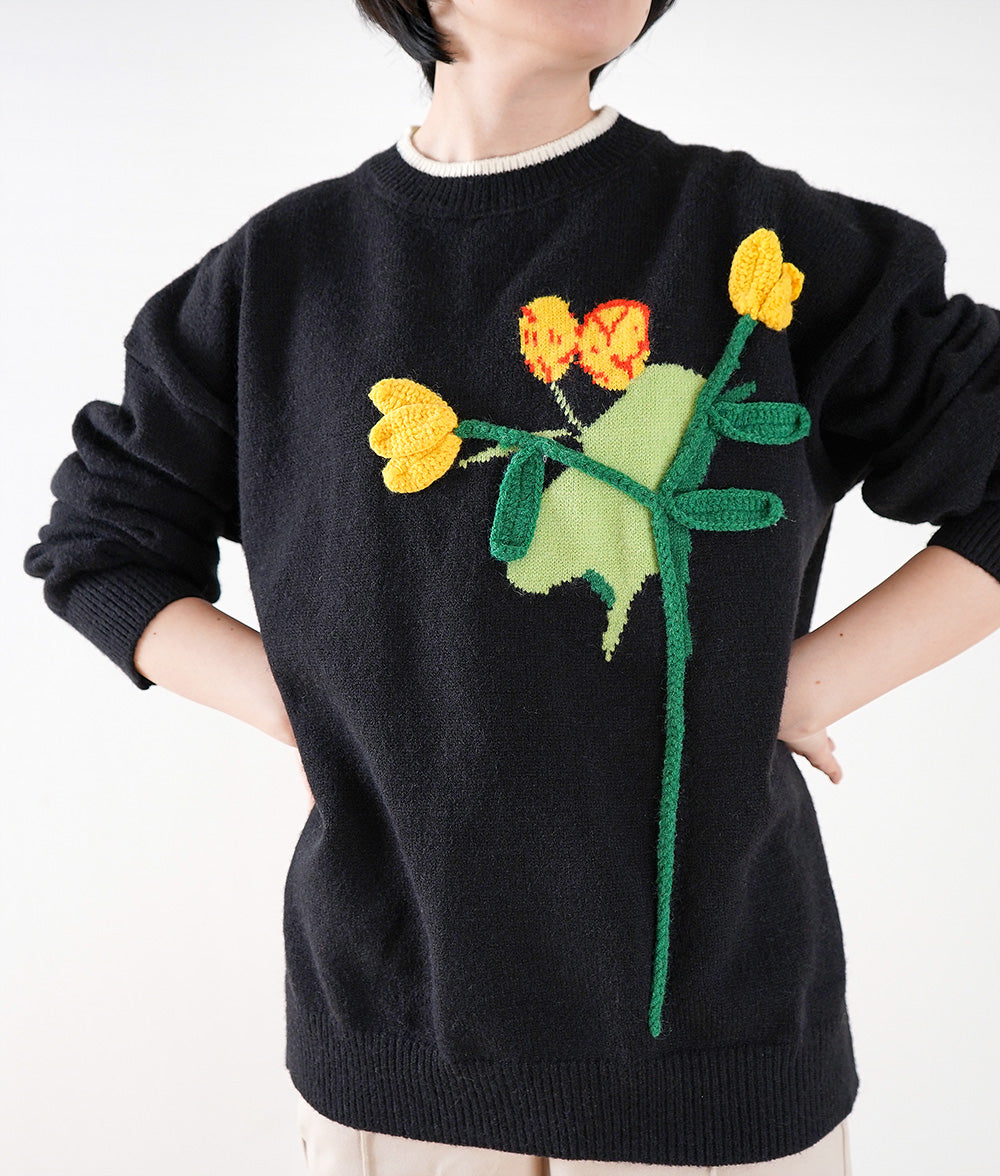 cawaii french」アートな佇まいのチューリップニット【ブラック