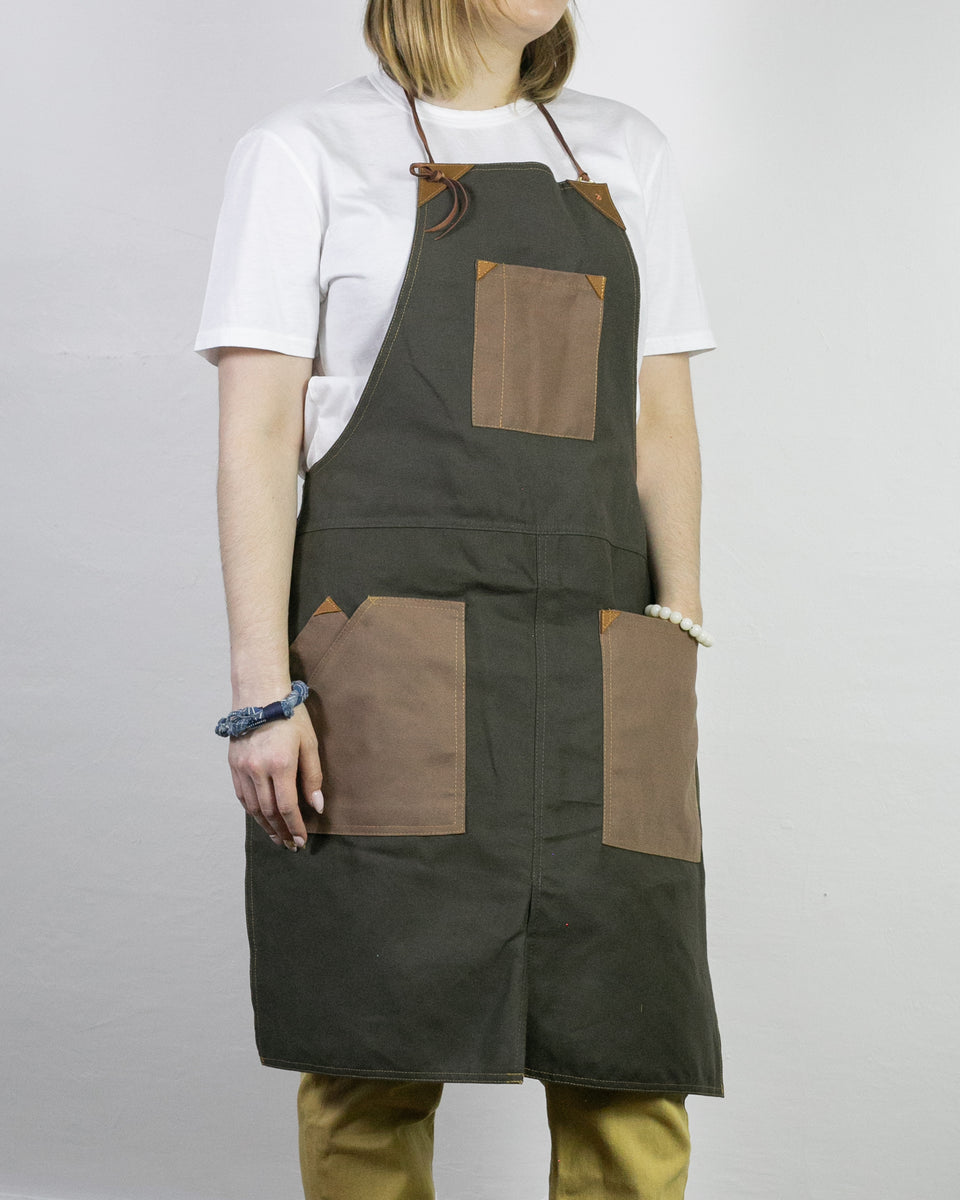 Kokoro Original Work Apron, Full, Canvas Two-Tone, Olive with