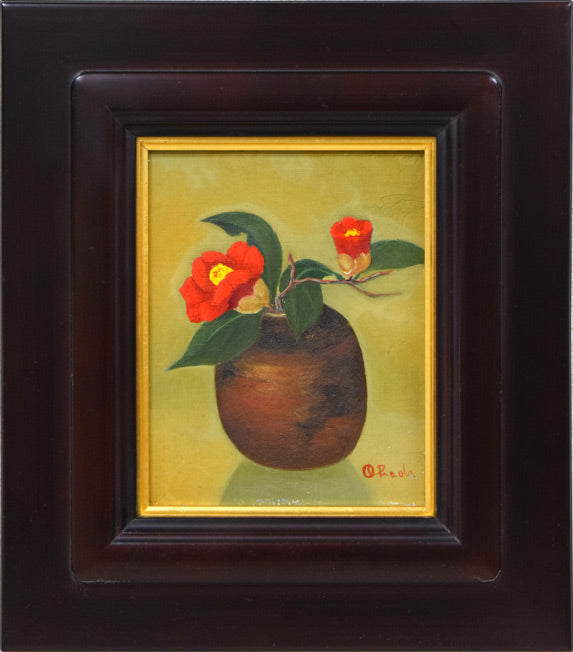 岡田肇彦「椿」油絵・F0号 絵画買取・販売の小竹美術