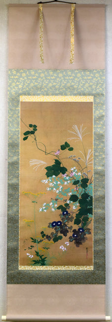 美品 掛け軸 酒井抱一筆「七草図」印刷 秋掛け おもてなし 掛軸-1744