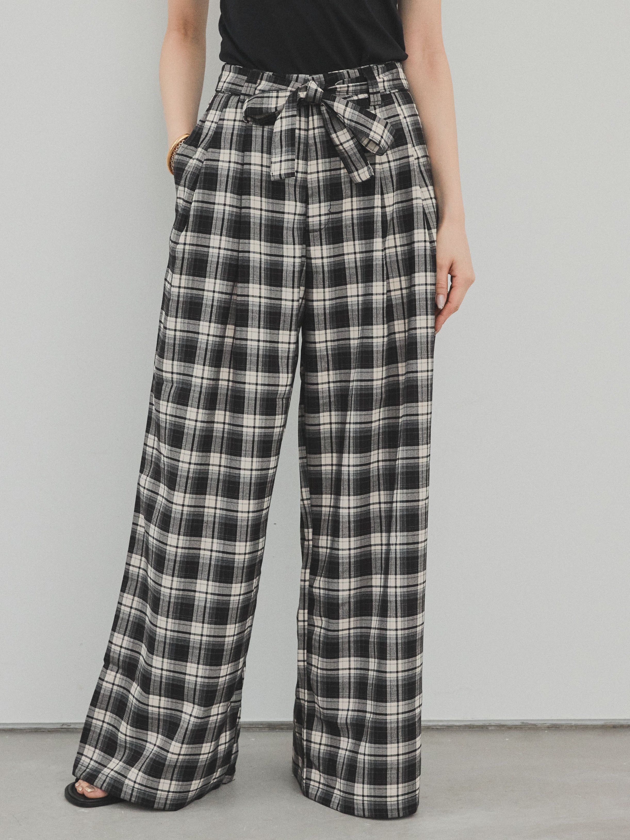 予約]チェック柄ワイドパンツ/ブラック – Lumier