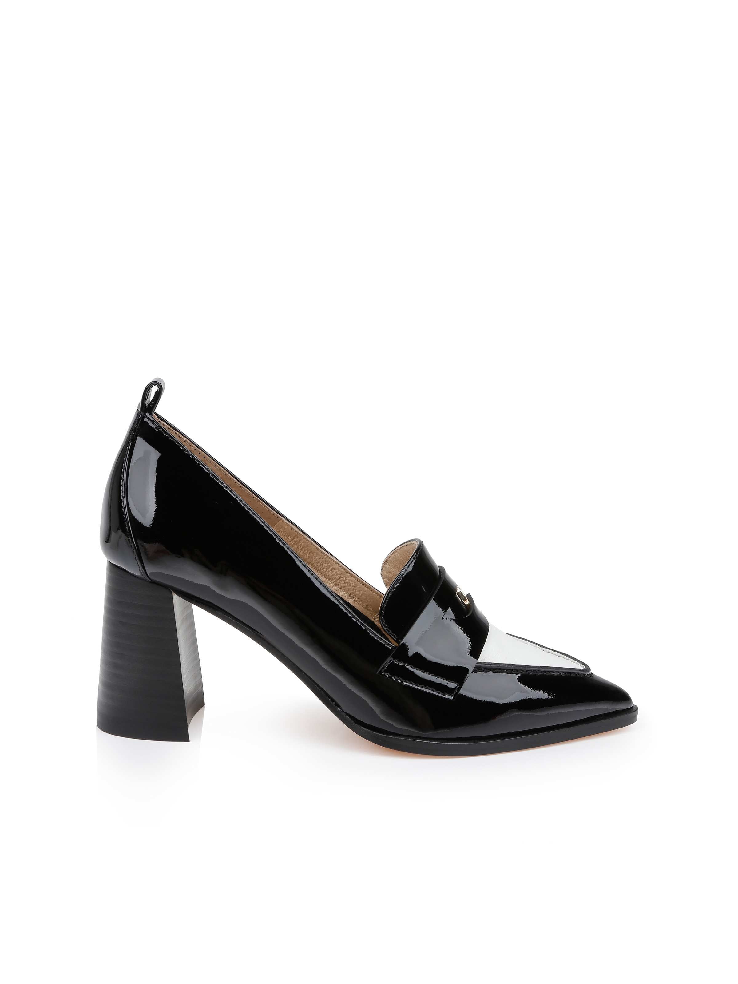 Mallory Leather Block-Heel Loafer in Black/White Patent | L'AGENCE