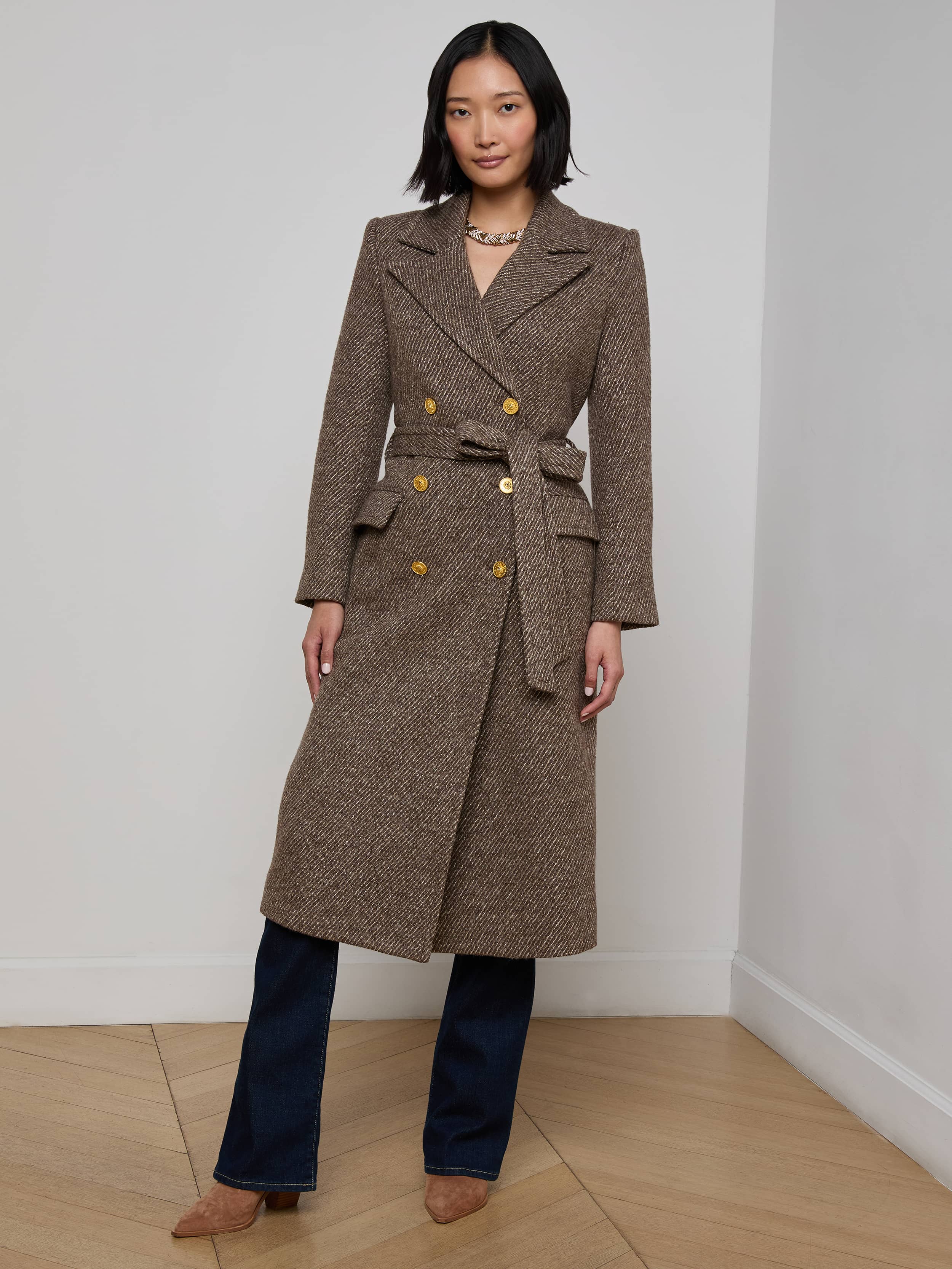 Kolina Long Coat in Bracken Brown/Gold | L'AGENCE