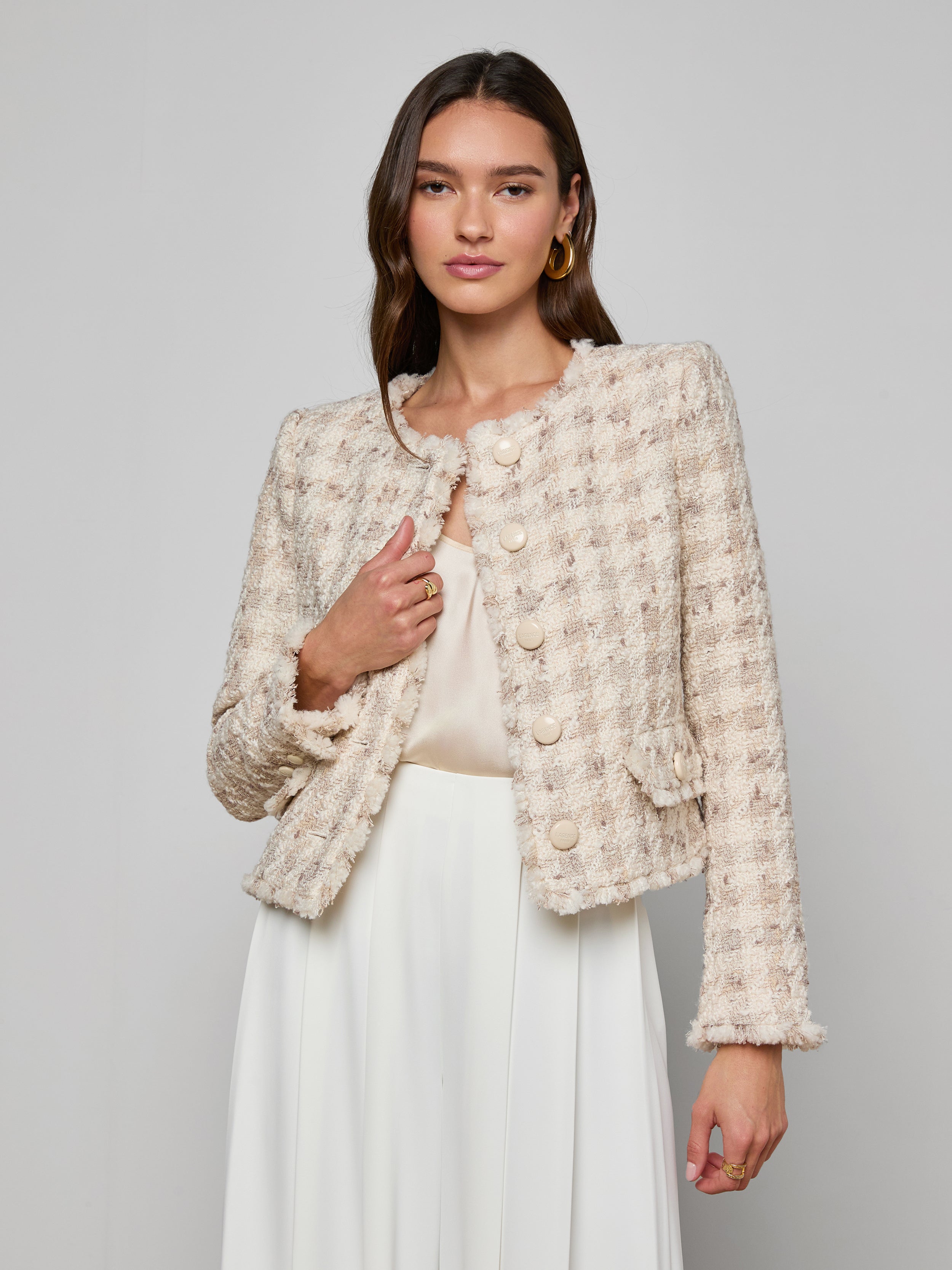 Zell Houndstooth Tweed Jacket in Taupe/Grey Houndstooth | L'AGENCE