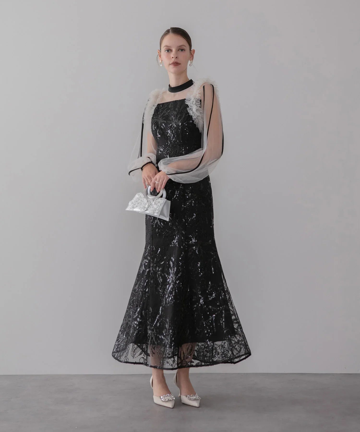 一部当日発送】フラワースパンコールチュールフリルロングスリーブ