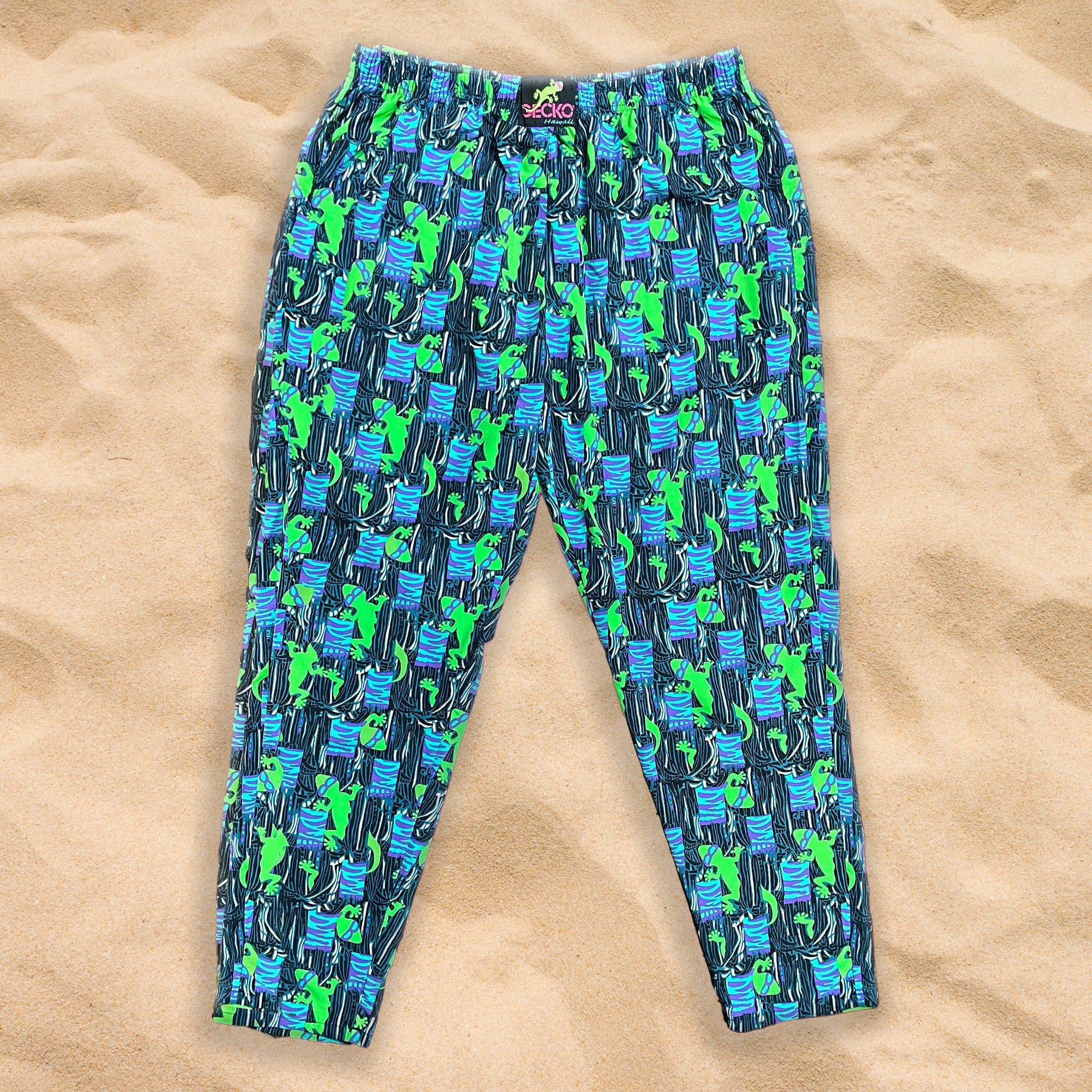 1988 ORIGINAL Cotton Jungle Beach Pants - Jade/Purple | Gecko Hawaii