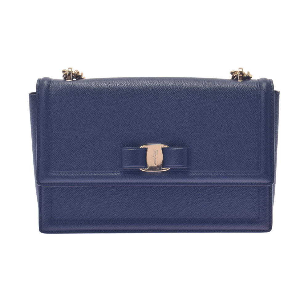 フェラガモヴァラ チェーン 紺 ゴールド金具 レディース カーフ