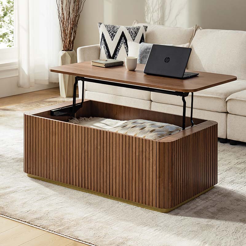 Multifunctional Slatted Design Lift-Top Coffee Table with Hidden