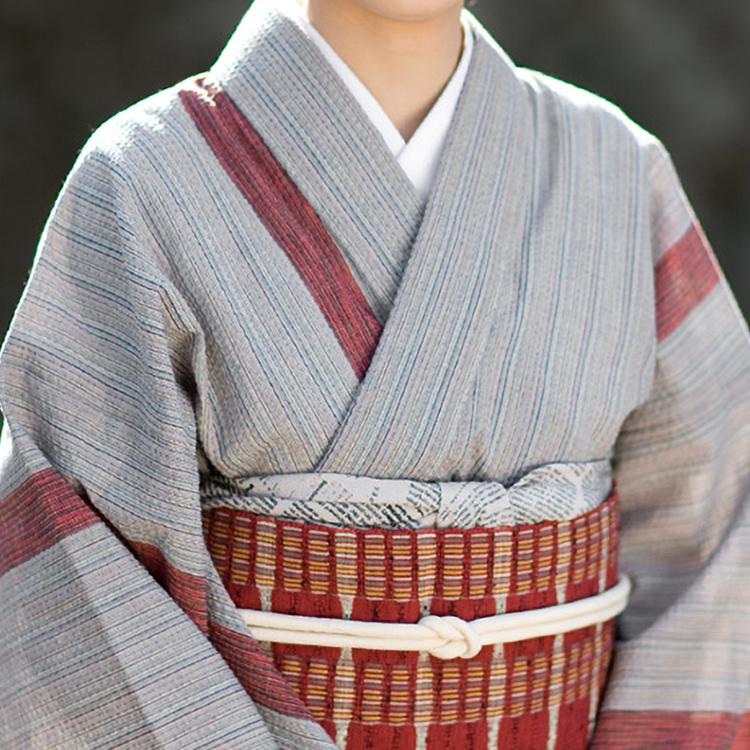 阿波しじら織 着物 多色サンド縞にエンジライン No.309 – ふだんきもの