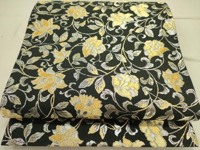 平和屋着物○六通柄袋帯 更紗花文 黒地 金糸 正絹 逸品 DABD0443op