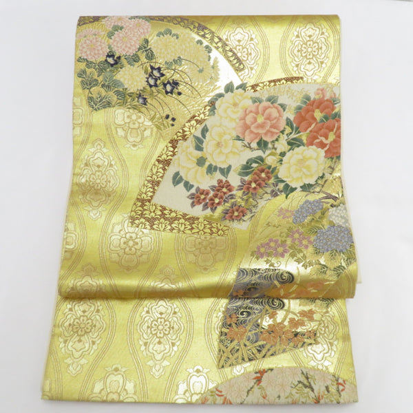 袋帯 西陣織 松尾京敏作 寿扇四季花 金糸銀糸 ゴールド系 正絹
