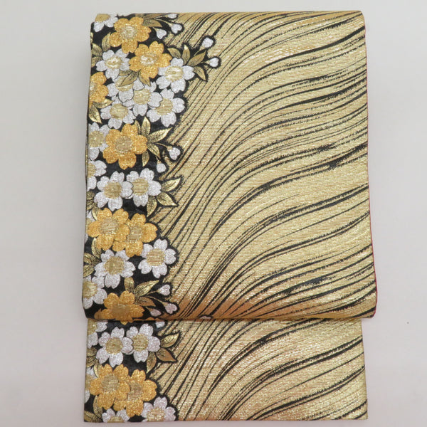 未着用 袋帯 金糸 銀糸 横縞 唐草 花 しるくろおど文布 着物 帯 041k