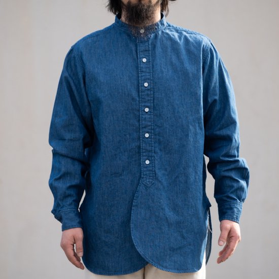 Band Collar Shirt Cotton Linen light blue indigo – BONCOURA