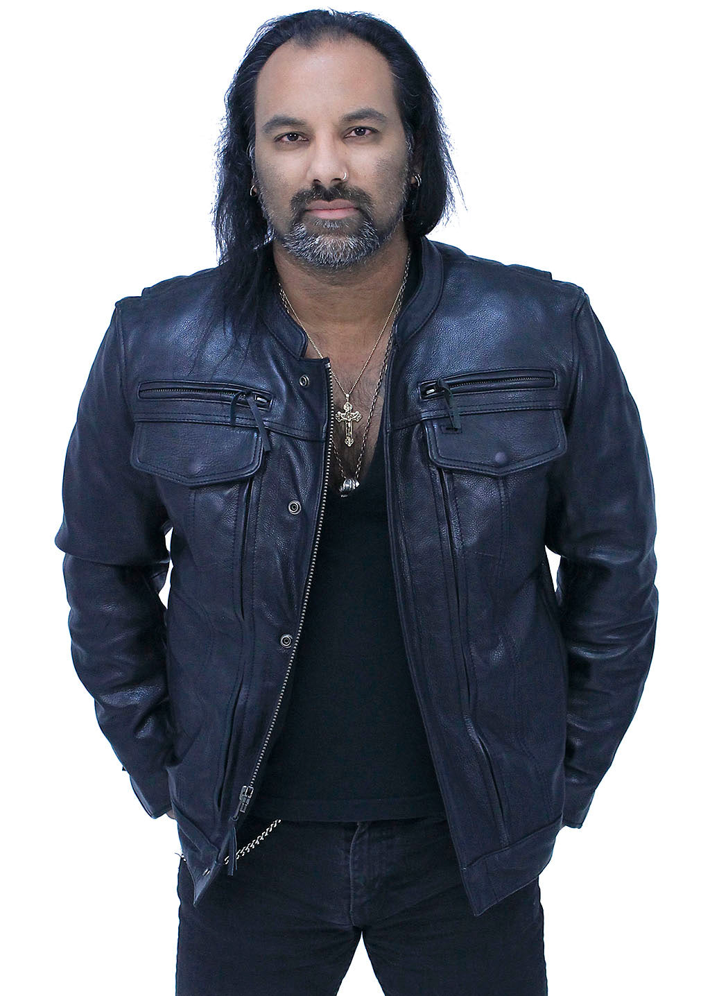 No Collar Men's Vented Concealed Pocket Motorcycle Jacket