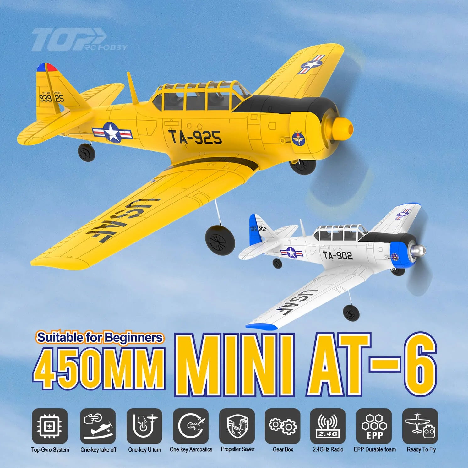 TOP RC Hobby RC Airplane Mini AT6 RTF 450mm Yellow & Silver AT-6