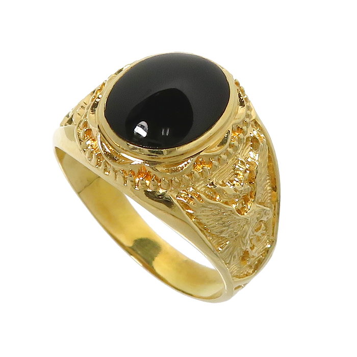 22.5号 オニキス カレッジリング 紋章 鳥 ブラックカルセドニー リング