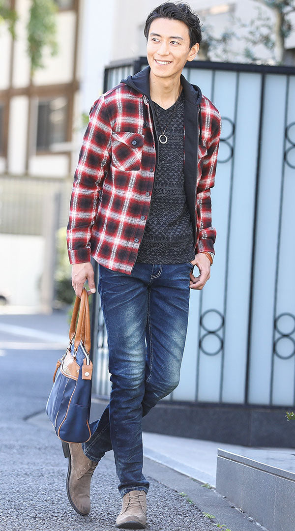 赤チェックシャツパーカー 黒Tシャツ ダークブルーデニム snp_fc0421の