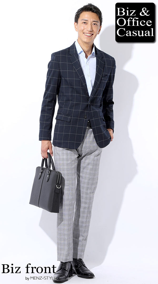 ウィンドペンチェックネイビーテーラードジャケット×ブルーシャツ