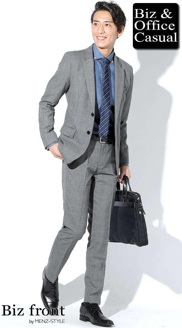 グレンチェックグレースーツ×ボタンダウンデニムシャツ×ストライプ