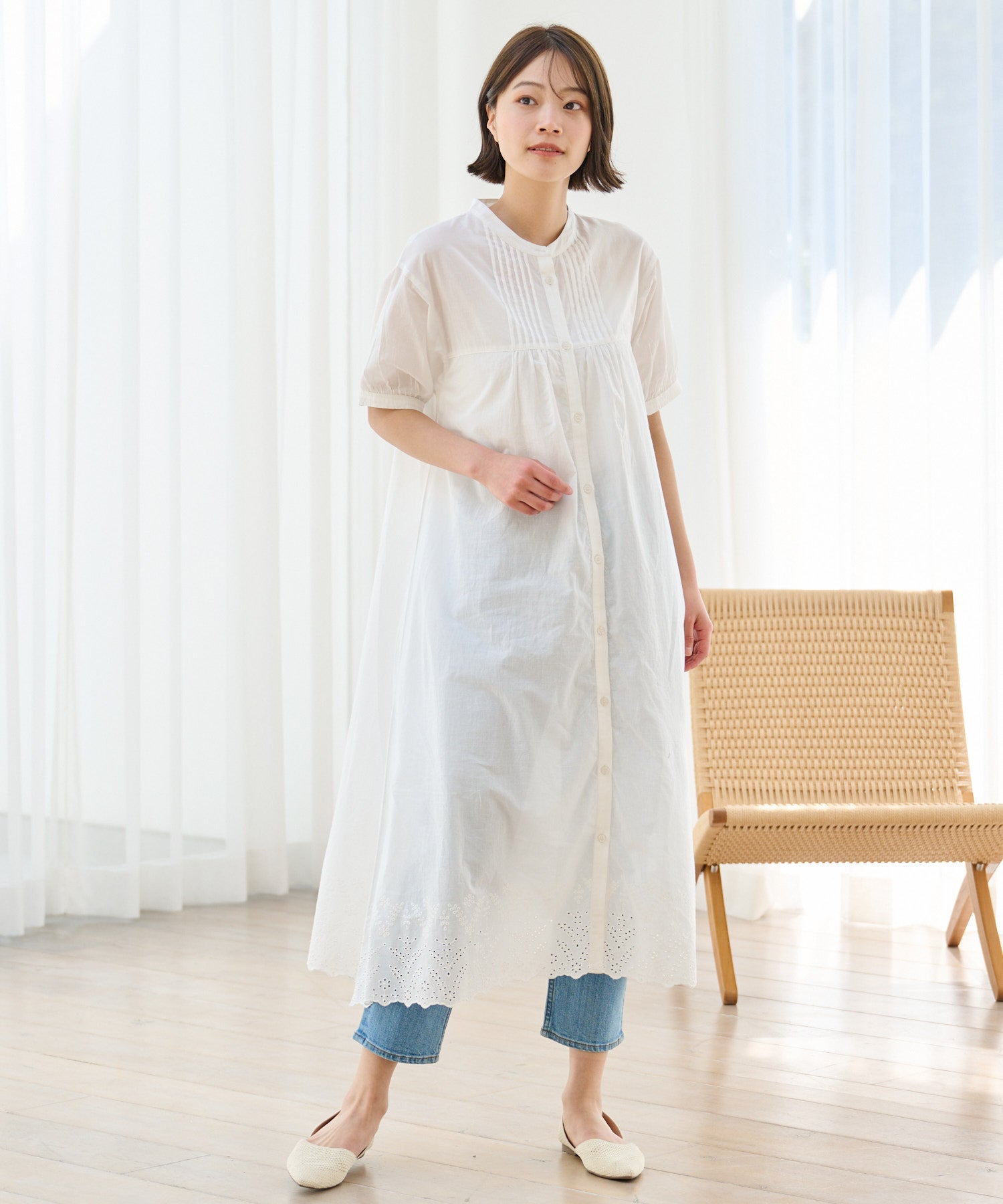 インド綿 裾スカラップ刺繍ワンピース（ワンピース/レディース